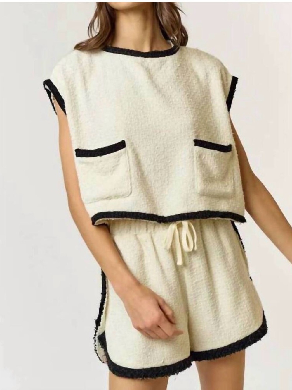 Cream Bouclé Crop Top with Black Trim - Women